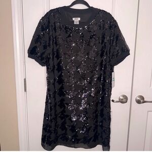 DKNY Black Sequin Sheer Dress Size 16 NWT Evening Party Cocktail Glam Top